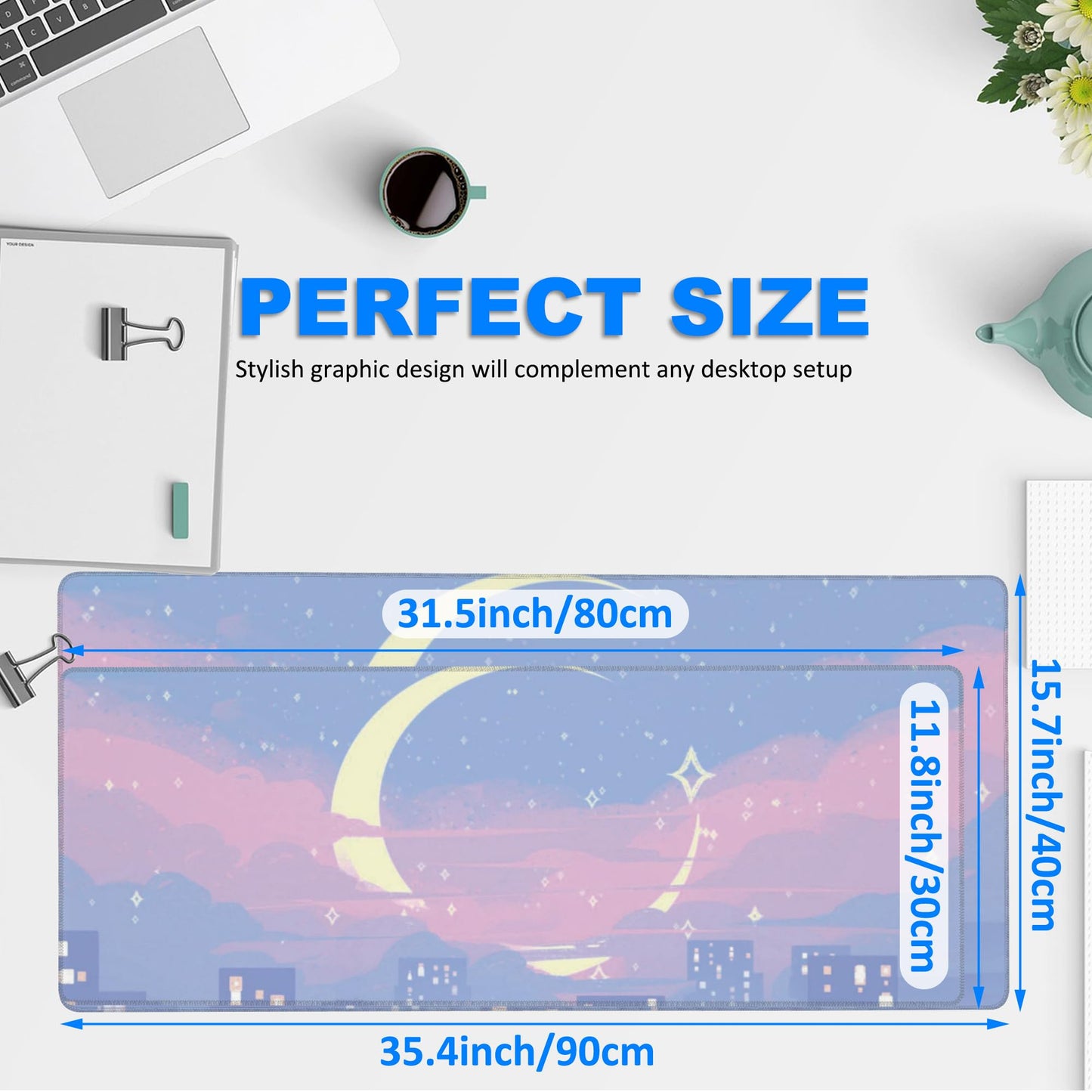 Desk Mat, Anime Moon City Night Scene Extended Gaming Mouse Pad Large, 35.4"x15.7" Big Mouse Pad with Non-Slip Base and Stitched Edge, Long Computer Keyboard Mouse Mat for Home Office Work