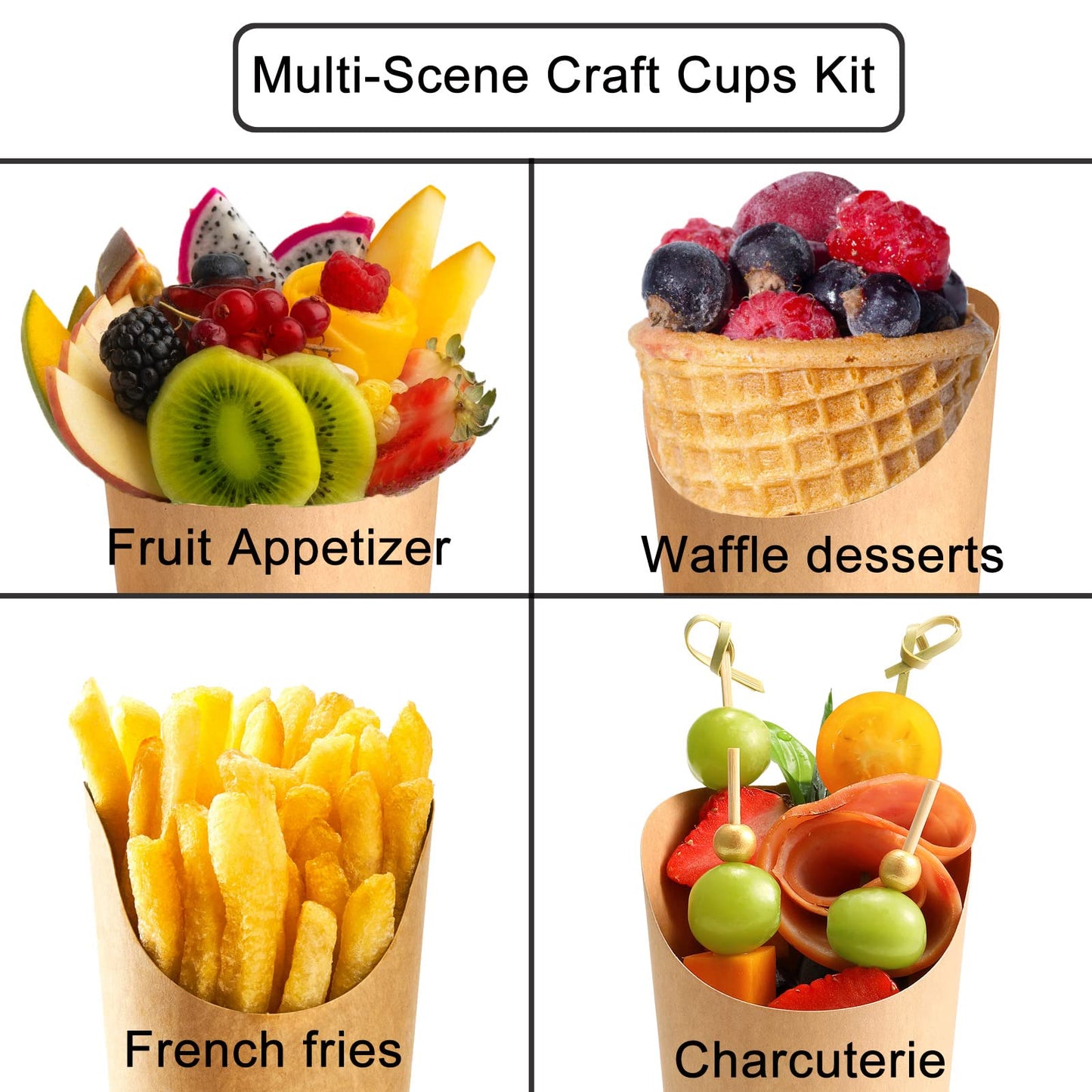 Disposable Charcuterie Cups 60 PCS with 200PCS Sticks and 60PCS Bags, 14 oz Kraft Paper Snack Boxes Appetizers Cup French Fry Holder with Cocktail Skewers Toothpicks Tooth Picks, Brown