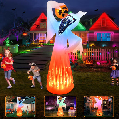 10 FT Halloween Inflatables Ghost with Pumpkin Decoration, Built in Flame Rotation LEDs Huge Halloween Inflatable Large Spooky Blow Ups Halloween, Party, Indoor, Outdoor, Garden, Yard Lawn