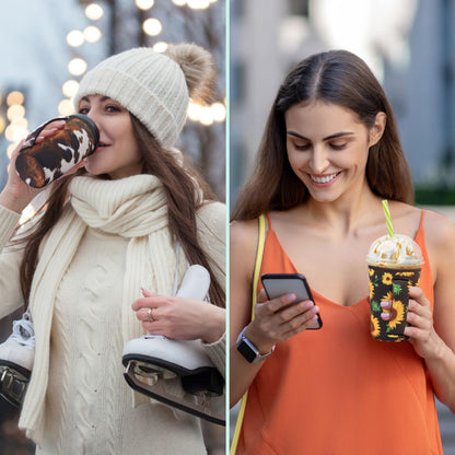 4Pack Reusable Iced Coffee Sleeve Insulator Sleeves for Cold Drinks Beverages, Neoprene Cup Holder for Most Coffee, Fits 30-32oz Large Cups (Sugar Skull with handle)