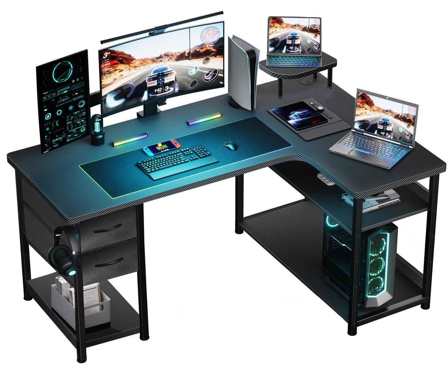 GTRACING Gaming Desk with Drawers, Carbon Fiber Style L Shaped Computer Desk Compatible with Monitor Arm Corner Desk Gaming Table for Home Office Desks, Easy to Assemble Adjustable Shelf Height