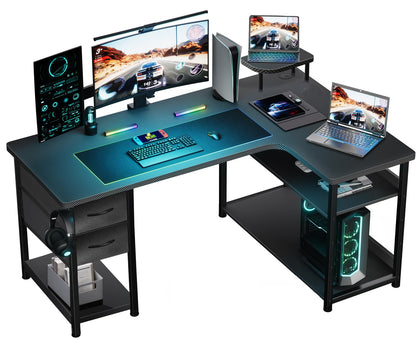 GTRACING Gaming Desk with Drawers, Carbon Fiber Style L Shaped Computer Desk Compatible with Monitor Arm Corner Desk Gaming Table for Home Office Desks, Easy to Assemble Adjustable Shelf Height