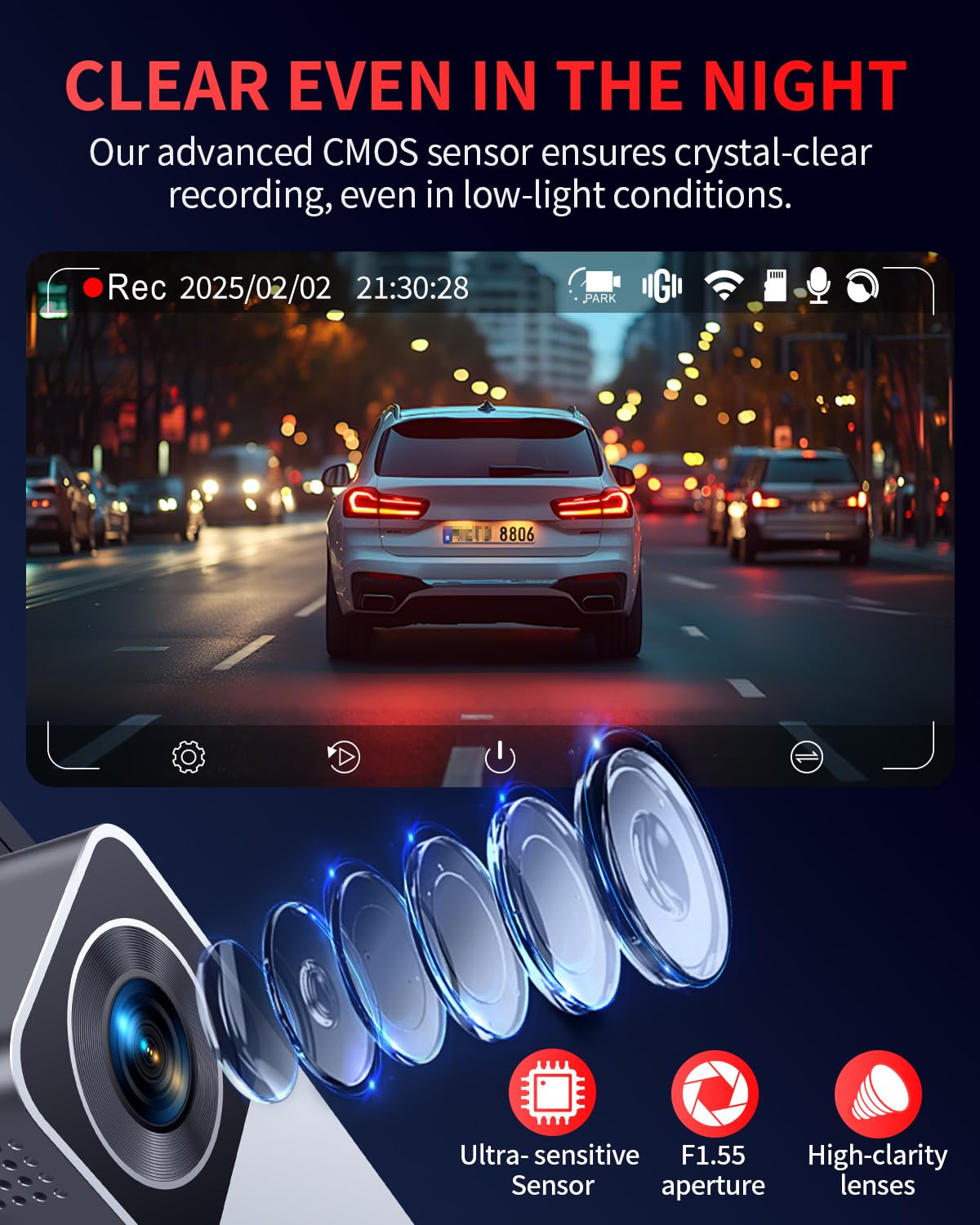 Gleetour Dash Cam Front and Rear, 4K Full HD Dual Dash Camera for Cars, Built-in Memory Card Monitoring, 64GB Card, 5G WiFi GPS, Car Camera with 3" IPS Screen, 2160P Night Vision, Parking Monitor