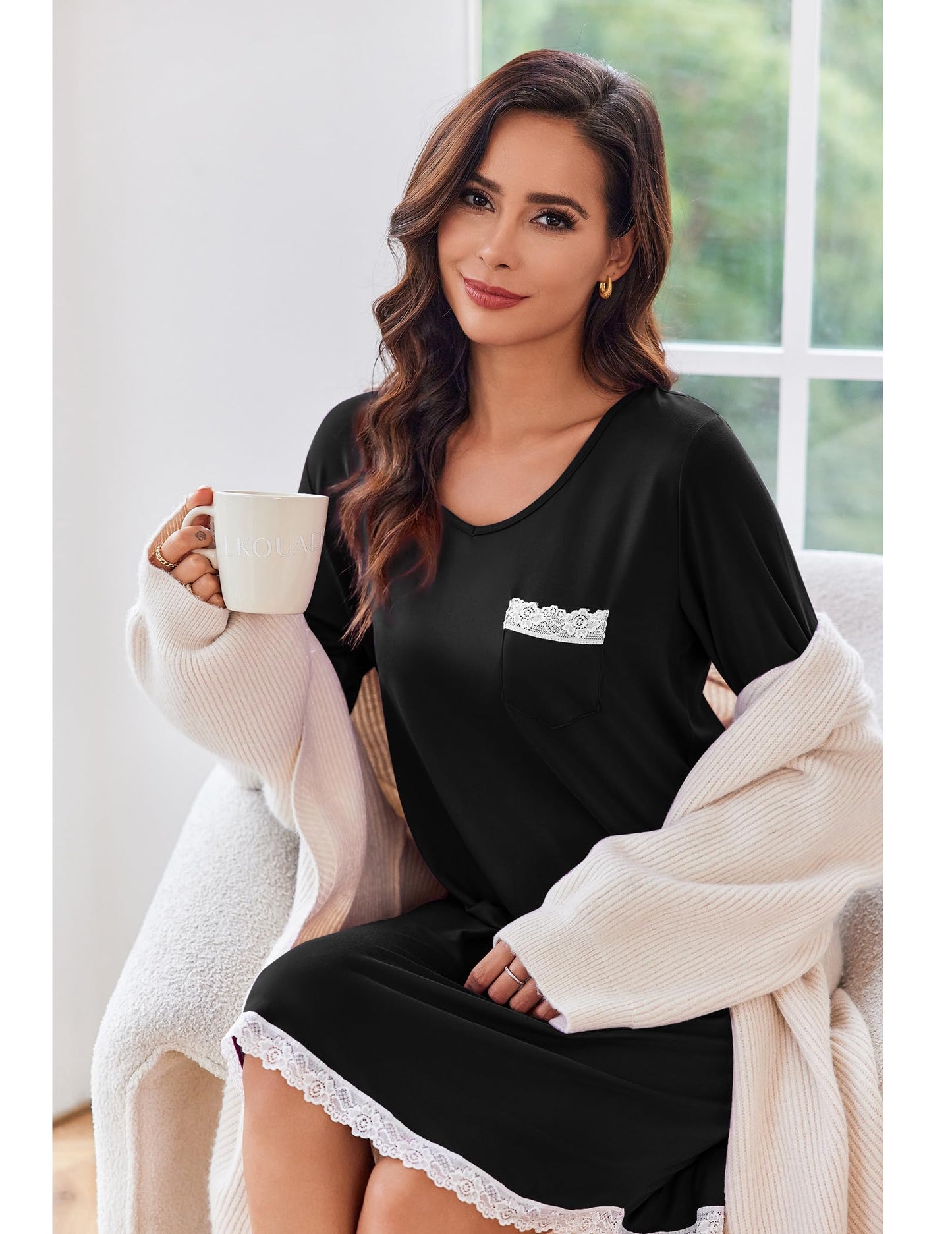 Ekouaer Nightgowns for Women Night T-shirt Sleep Dress Soft Sleepwear Comfy Long Sleeve Sleepshirt Ladies Nightdress Black