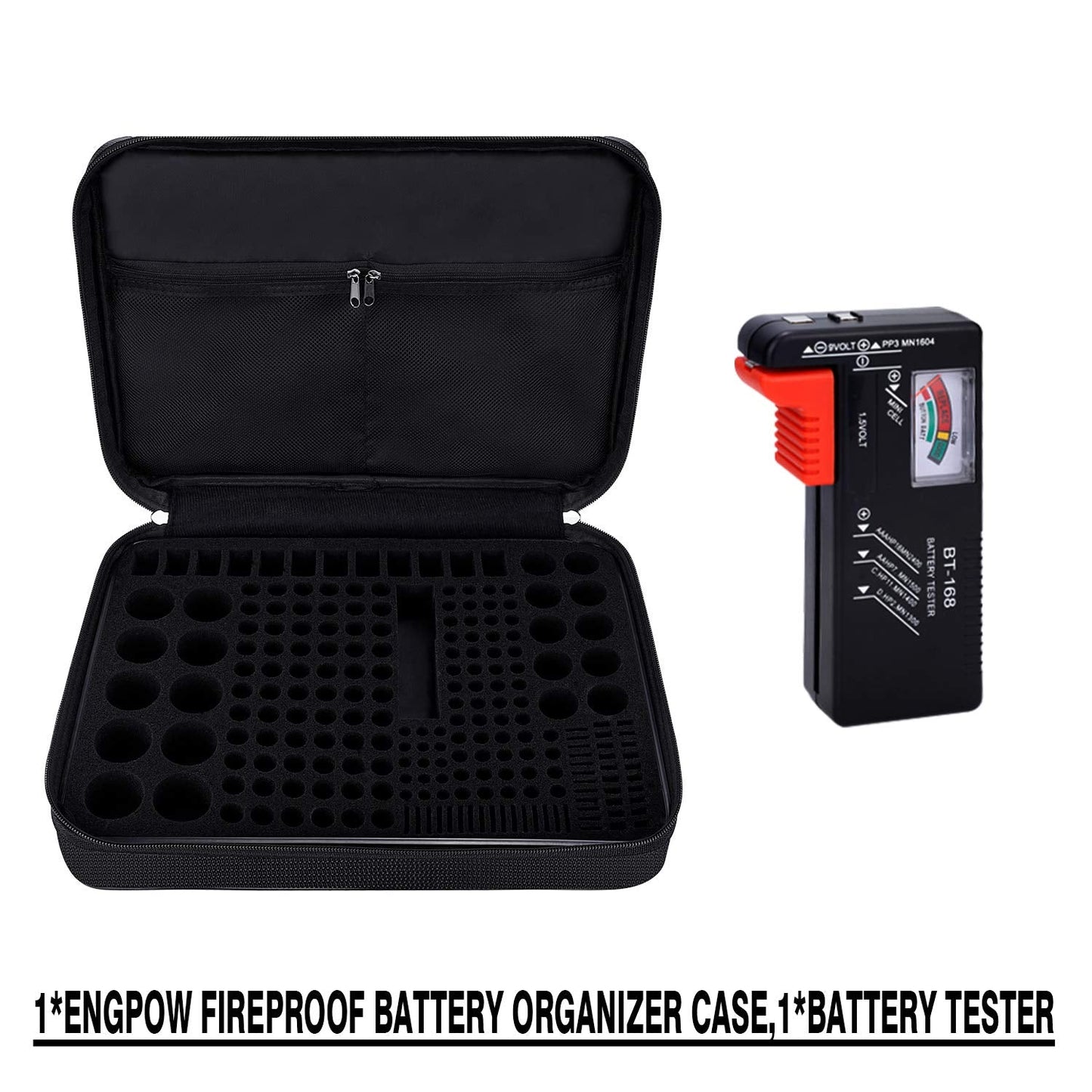 ENGPOW Battery Organizer, Fireproof Battery Organizer Storage Case with Tester (BT168),Water-Resistant Explosionproof Battery Holder Box with Cover and Zipper, Holds 220+ AA AAA C D 9V Batteries