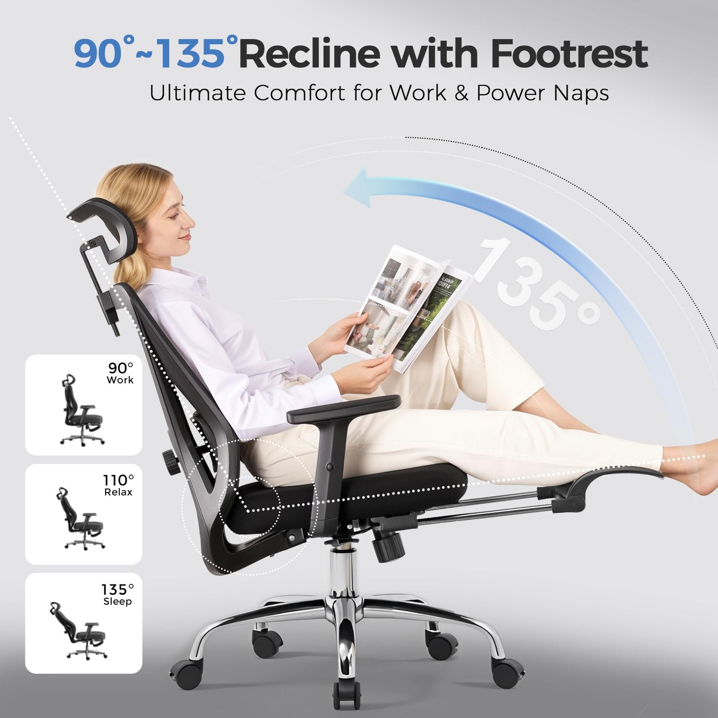 COMHOMA Ergonomic Office Chair Big and Tall Gaming Chair with Footrest, 3D Adaptive Lumbar Support & Headrest, High Back Rolling Computer Chair with Wide Seat, Breathable Mesh, ErgoFlex-F26, Black