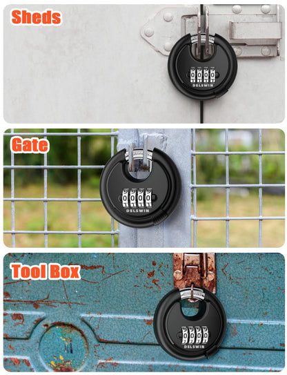 DELSWIN 4 Digit Combination Disc Padlock with Hardened Steel Shackle Combo Lock for Sheds, Storage Unit, School Gym Locker and Fence (Black,1Pcs)
