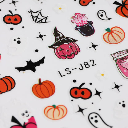 Halloween Nail Art Stickers Cute Ghost Pumpkin 3D Self-Adhesive Nail Decals Bat Cat Skull Designs Nail Decorations Halloween DIY Manicure Supplies for Women Girls&Kids 6Pcs