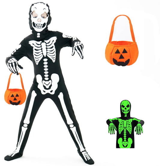 FAYBOX Skeleton Costume Glow in The Dark for Kids Toddler, Halloween Fortnite Onesie for Boy Girls with Pumpkin Candy Bag(5-7)