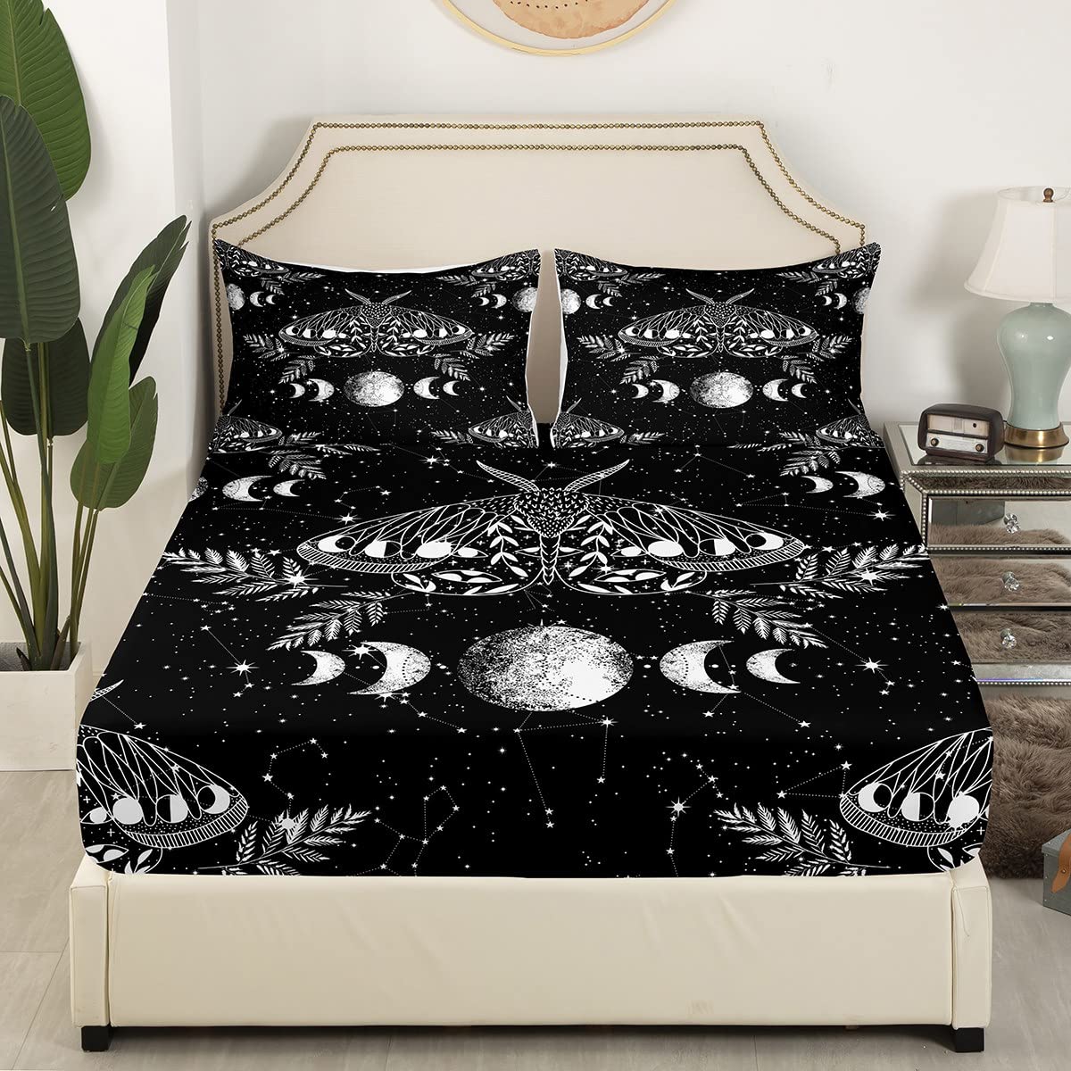 Erosebridal Gothic Moth Sheet Set Twin Size Skeleton Halloween Boho Death Moth Decor Flat Sheet Animal Skeleton Skull Bed Sheet Bohemian Sun and Moon Fitted Sheet with 1 Pillowcase