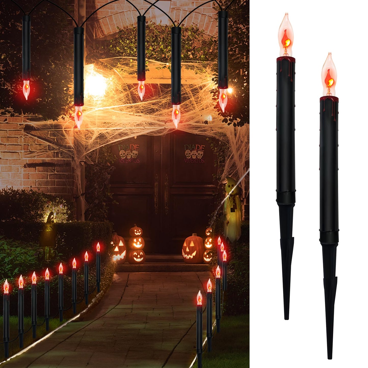 Halloween Pathway Lights Outdoor, 19.5Ft Halloween Pathway Marker String Lights with 10 C18 Flicker Flame Black Candles Stakes Lights Plug in Walkway Light for Lawn Garden Sidewalk Driveway