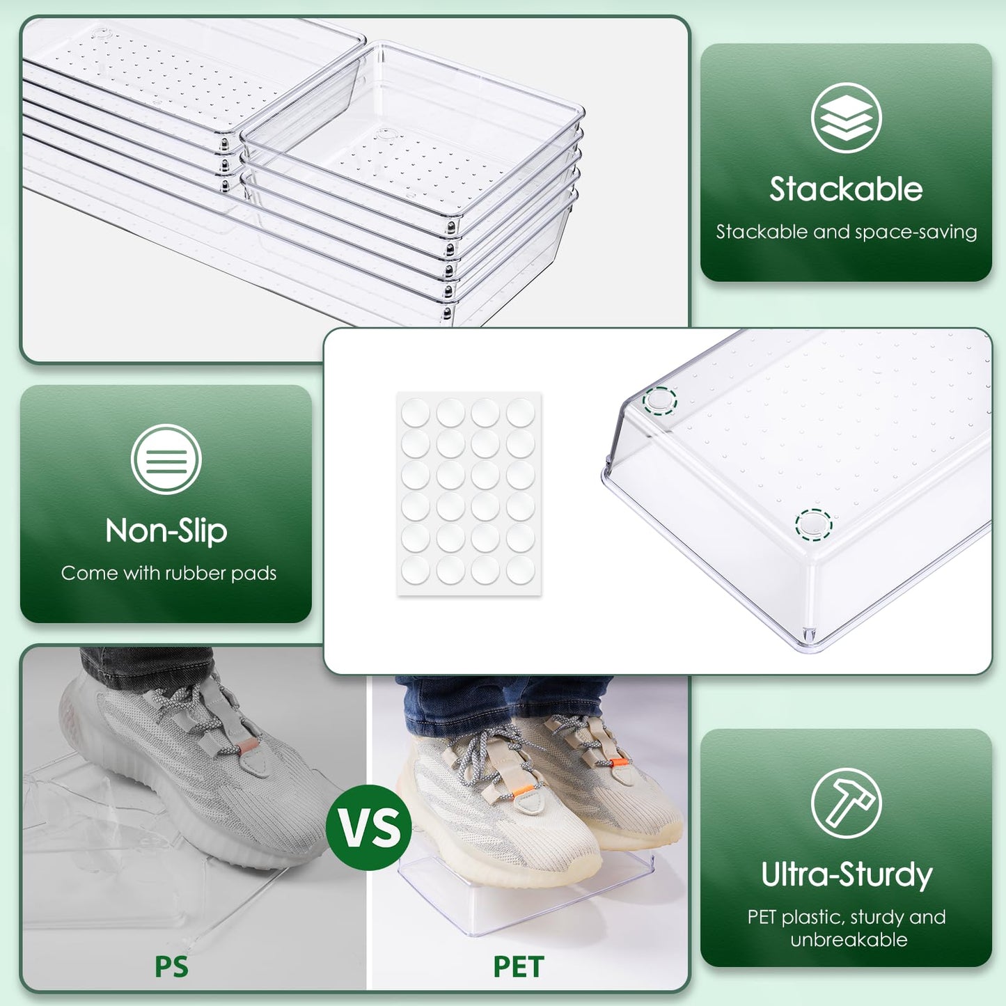 Criusia Drawer Organizer Set, Acrylic Non Slip Non Cracking Kitchen Drawer Storage Tray Large Size Divider, Multifunctional Storage for Cosmetics, Bathroom, Tools, Kitchen and Office (8 PACK)