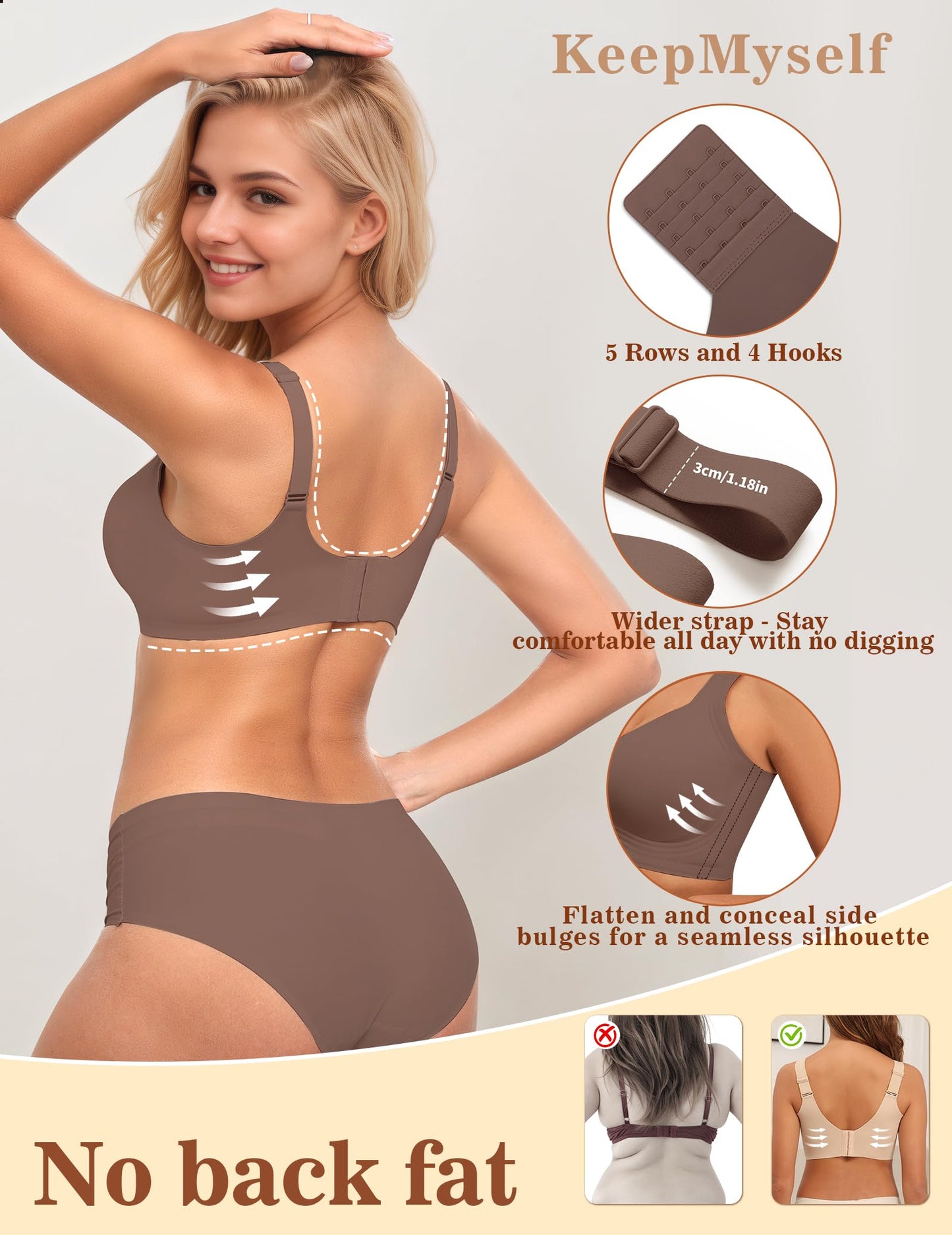 KeepMyself Bras for Older Women - Full Support Wireless Push Up Bra Plus Size - Back Fat Coverage & Anti Sagging Bralette, No Underwire Full Figure Lift Coffee 3XL