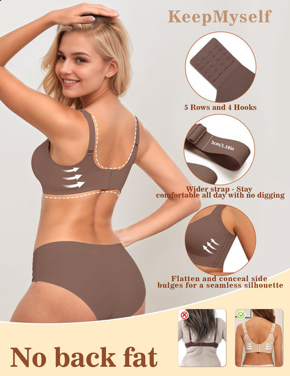 KeepMyself Bras for Older Women - Full Support Wireless Push Up Bra Plus Size - Back Fat Coverage & Anti Sagging Bralette, No Underwire Full Figure Lift Coffee 3XL