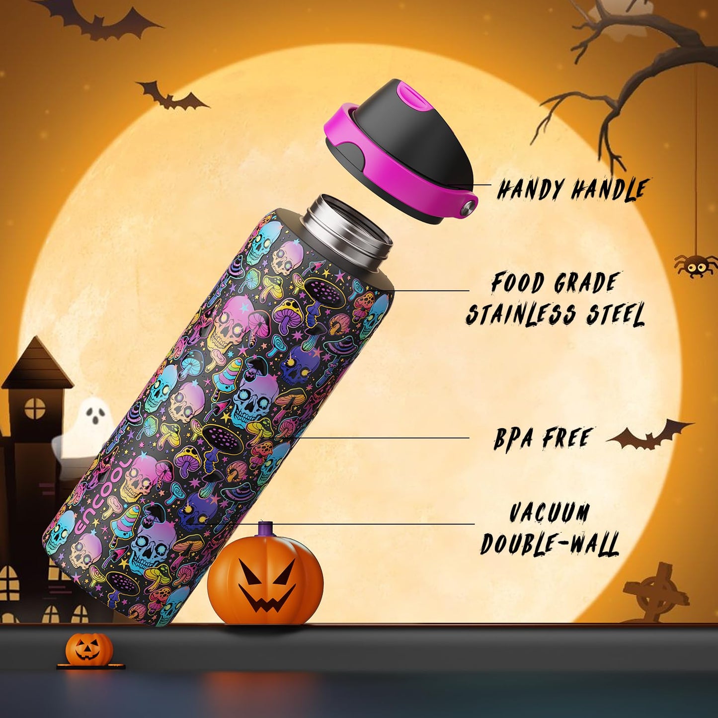 Halloween Insulated Water Bottle with Straw - Stainless Steel Water Bottle with Push Button Lid, Leak-Proof BPA-Free, Keeps Cold for 24 Hours for Halloween gifts, Party (32 oz, Trippy Skulls)