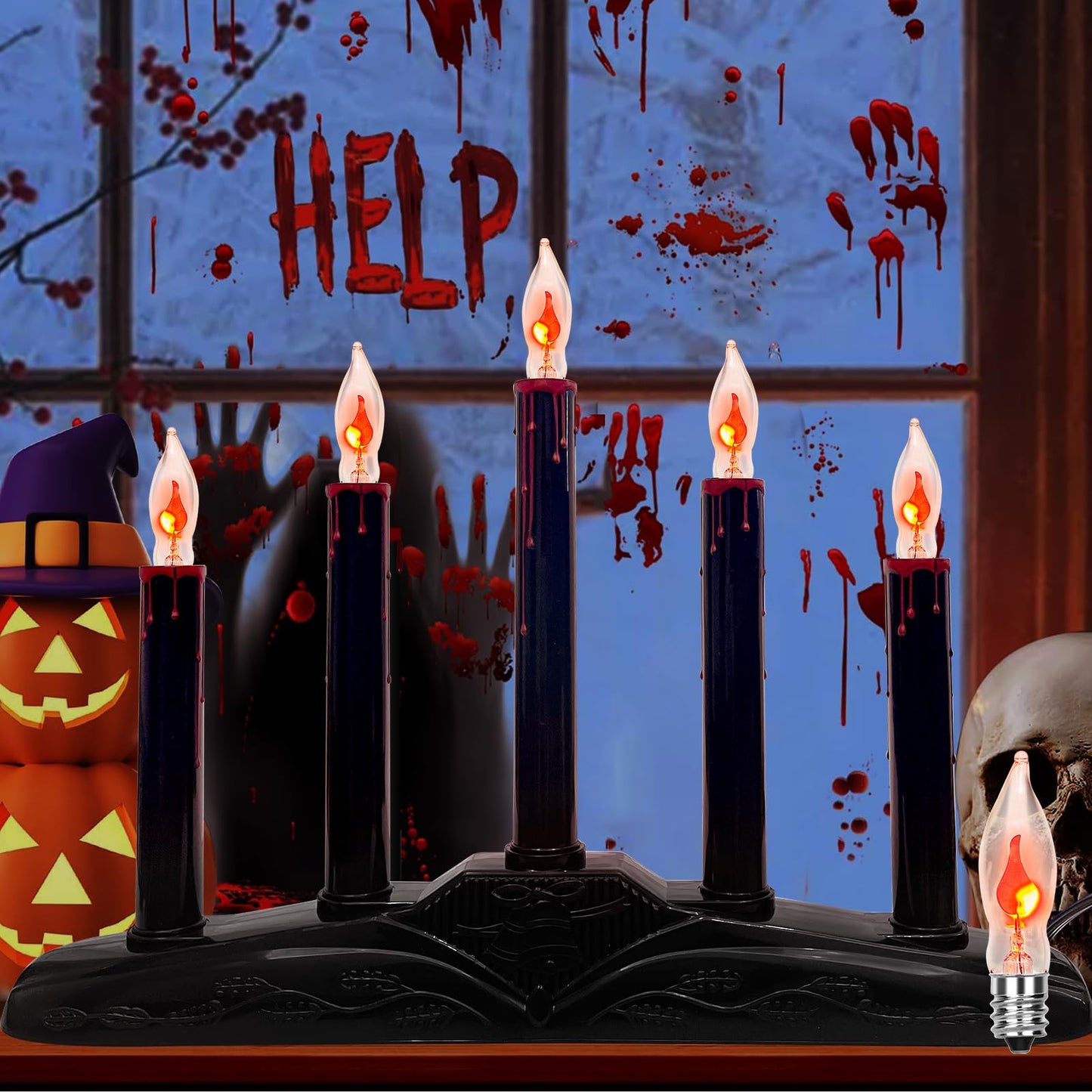1 Pack Halloween Electric Candle Lamps, 5 Light Black Flameless Candle with 5 C18 Orange Flicker Flame Bulb, Plug in Flickering Window Candle Holder for Halloween Party Home Table Bar Holiday Decor