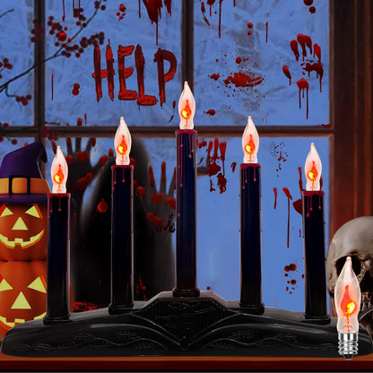 1 Pack Halloween Electric Candle Lamps, 5 Light Black Flameless Candle with 5 C18 Orange Flicker Flame Bulb, Plug in Flickering Window Candle Holder for Halloween Party Home Table Bar Holiday Decor