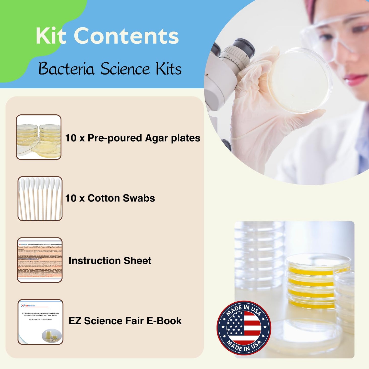 EZ BioResearch Bacteria Science Kit (IV) (Gift Pack): Prepoured LB-Agar Plates and Cotton Swabs. Exclusive Free Science Fair Project E-Book Packed with Award Winning Experiments. (IV Gift Pack)