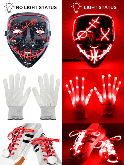 3 Set Halloween LED Mask Light Up Gloves and Glow Shoelaces Scary Mask Halloween Costume Cosplay Party for Adults