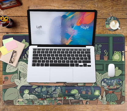 Large Mouse Pad Set, Cute Extended Mouse Pad+Keyboard Wrist Rest Support Desk Pad Memory Foam Ergonomic Easy Typing, 35.4×15.7 in Desk Mat Set for Home Office Study Game - Frog