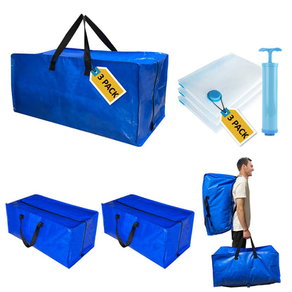 6 Pack Heavy Duty Extra Large Moving Bags with Backpack Straps & Vacuum Storage Bags Moving Supply Combo, Moving Totes with Handles & Zippers for Space Saving, Fold Flat, Includes Vacuum Bags