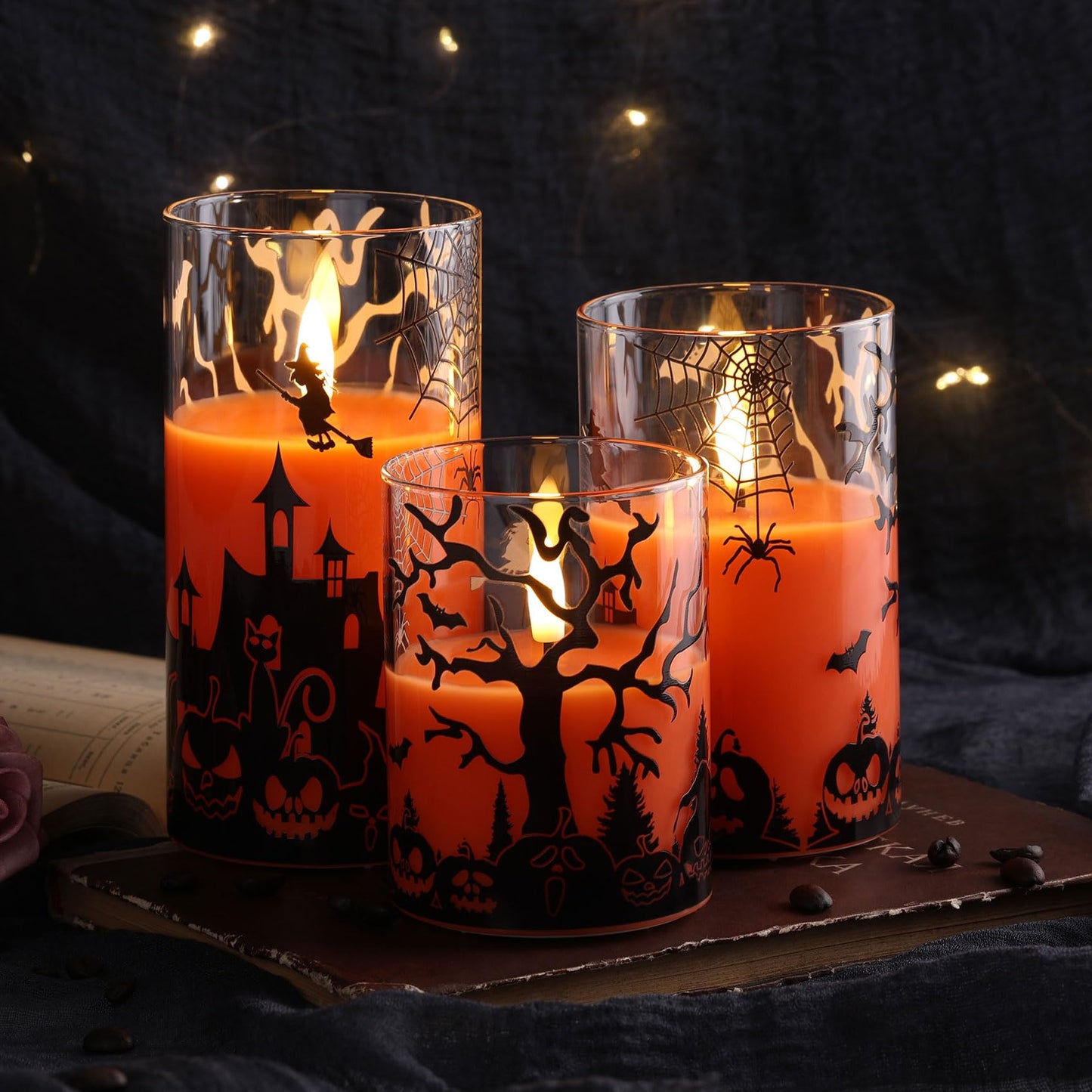 Eywamage Orange Halloween Glass Flameless Candles with Remote, Real Wax Flickering LED Pillar Candles Set of 3