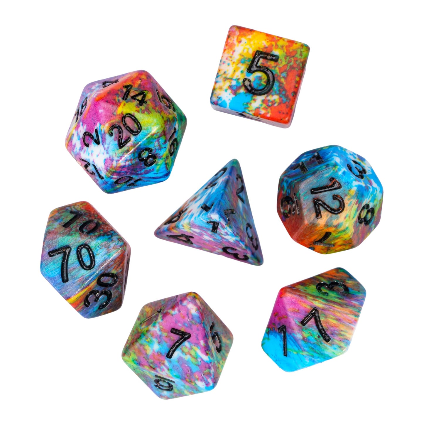 HDdais 7-Die Resin DND Dice Set, Vibrant Watercolor Pattern D&D Dice for Dungeons and Dragons, RPG Tabletop Games - Includes D4, D6, D8, D10, D12, D20, D%