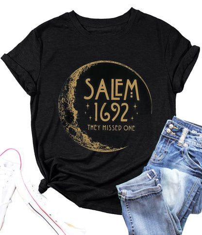 Fall Shirt for Women 1692 They Missed One Letter Print Halloween Witch T Shirts Casual Tops Fall Tee(HW-07BK,X-Large)