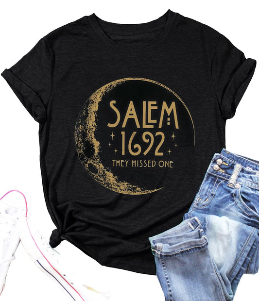 Fall Shirt for Women 1692 They Missed One Letter Print Halloween Witch T Shirts Casual Tops Fall Tee(HW-07BK,X-Large)