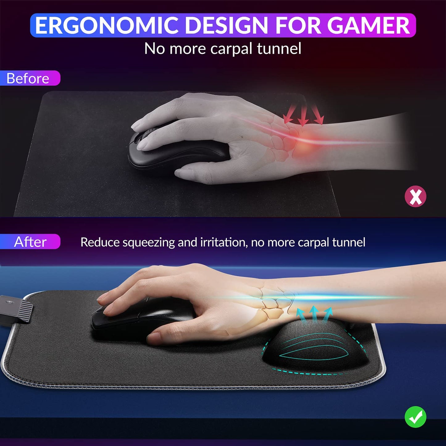 Gimars RGB Mouse Pad with Wrist Rest Support,12 x 10 inch Extra Large Ergonomic Gaming Mouse Pad with 10 LED Lighting Modes, Non-Slip Rubber Base, Lycra Fabric for Laptop, Computer, PC Gaming & Office