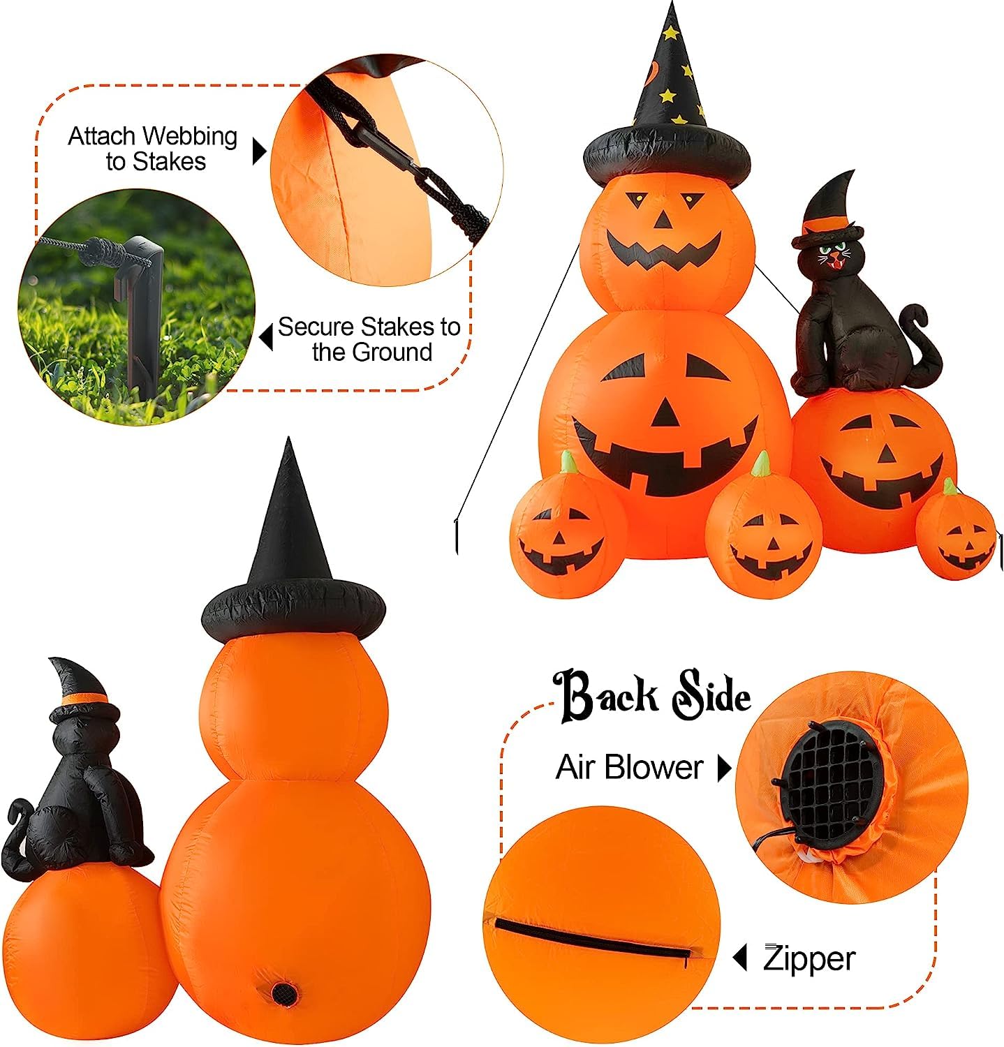 HOPOCO 6 FT Halloween Inflatable Decorations Spooky Ghost Pumpkin Lighted and Witch's Cat, Halloween Decorations Outdoor Inflatables Pumpkin Combo with Build-in LED Blow Up Inflatables for Yard Garden