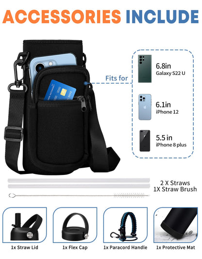 40/64/128 oz Insulated Water Bottle with Straw - Flex Cap Lids, Paracord Handle, Bottle Carrier Bag w/Strap, Vacuum Stainless Steel 40oz Water Bottles, Double Wall Flask Metal Water Flask Jug