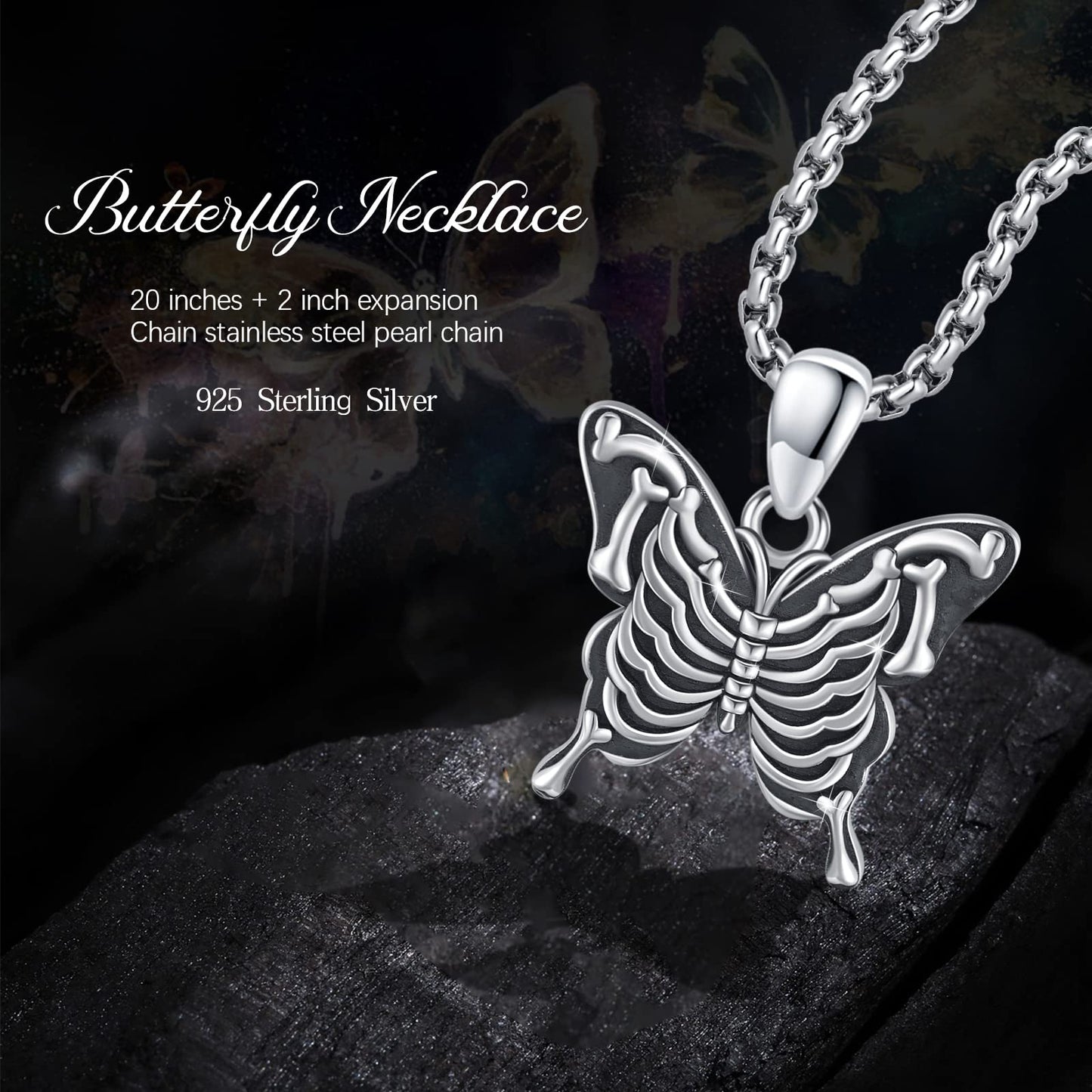 CUOKA MIRACLE Skull Butterfly Necklaces 925 Sterling Silver Gothic Jewelry Butterfly Necklace for Women Skull Butterfly Pendants Necklace Fashion Goth Necklace Halloween Jewelry Gift Hypoallergenic