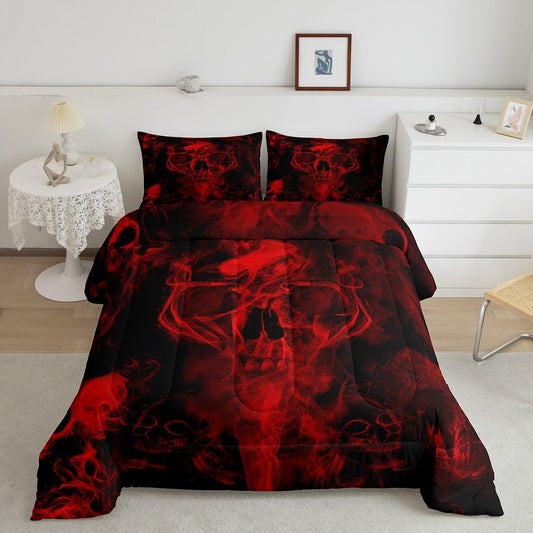 Gothic Skull Bedding Set Red and Black Skeleton Comforter Set Queen For Kids Boys Teen Men,Psychedelic Goth Skull Quilted Duvet Trippy Smoke Halloween Horror Down Comforter Bedroom Decor 2 Pillowcases