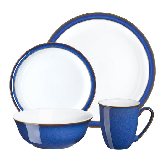 Denby - Imperial Blue Dinner Set For 4-16 Piece Ceramic Tableware Set Blue, White - Dishwasher Microwave Safe Crockery Set - 4 x Dinner Plate, 4 x Small Plate, 4 x Cereal Bowl, 4 x Coffee Mug
