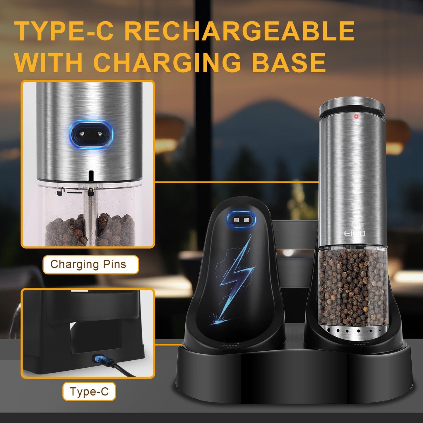 EIHO Electric Salt and Pepper Grinder Set USB Rechargeable, Upgraded External Adjustable Coarseness, Stainless Steel Automatic Salt and Pepper Shakers Mills with LED Light, House Warming Cooking Gifts