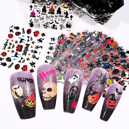 24 Sheets Halloween Nail Stickers Pumpkin Ghost Face Nail Decals 3D Self-Adhesive Nail Supplies Spider Web Cat Bat Nail Art Stickers for Acrylic Nails for Women Kids DIY Manicure Decorations