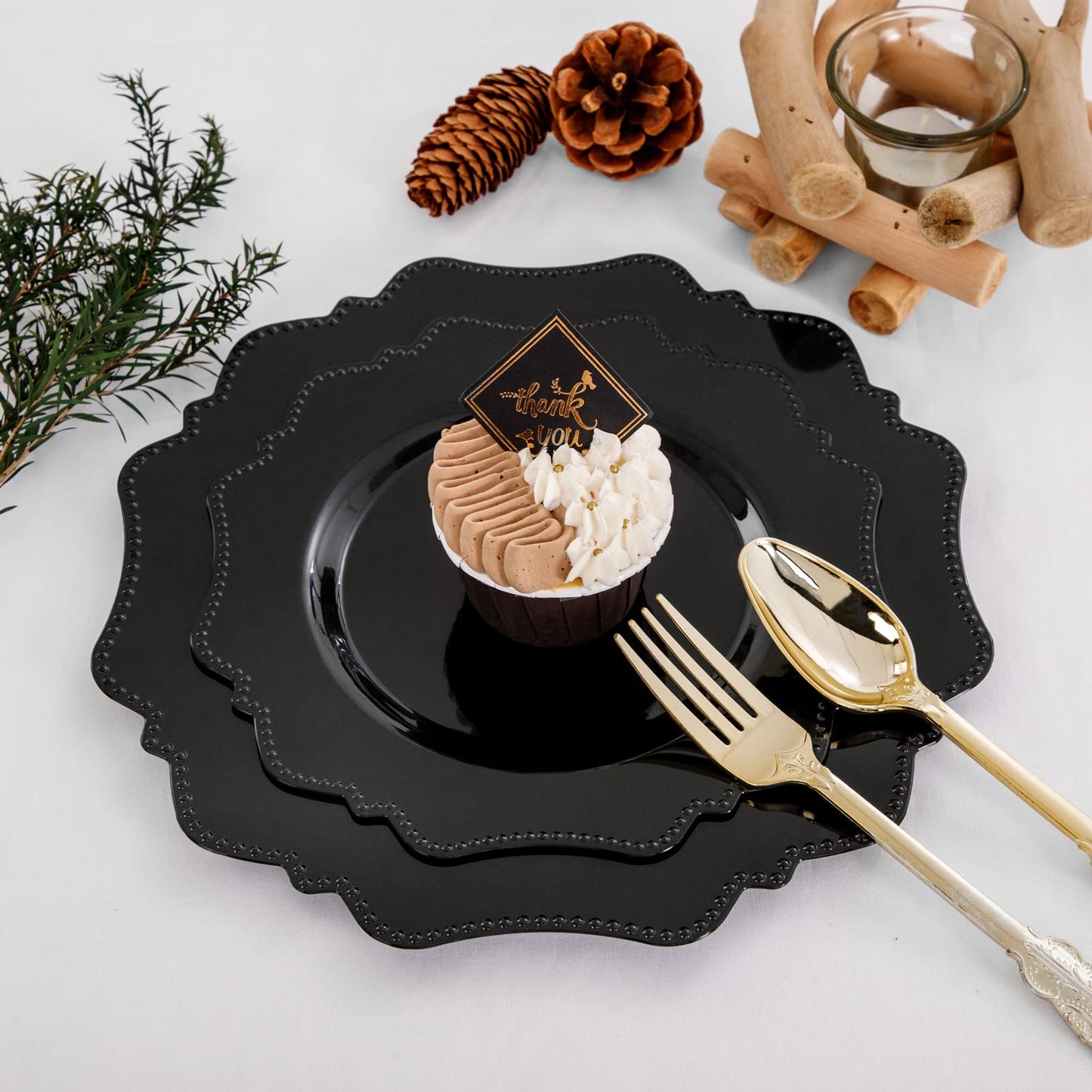COLOSUS Black Plastic Plates Set,Heavy Duty Black Disposable Plates for 30 guests,Include 30PCS 10.5inch Dinner Plates and 30PCS 8.25 inch Dessert Plates for Halloween Party/Wedding/New Year/Birthday