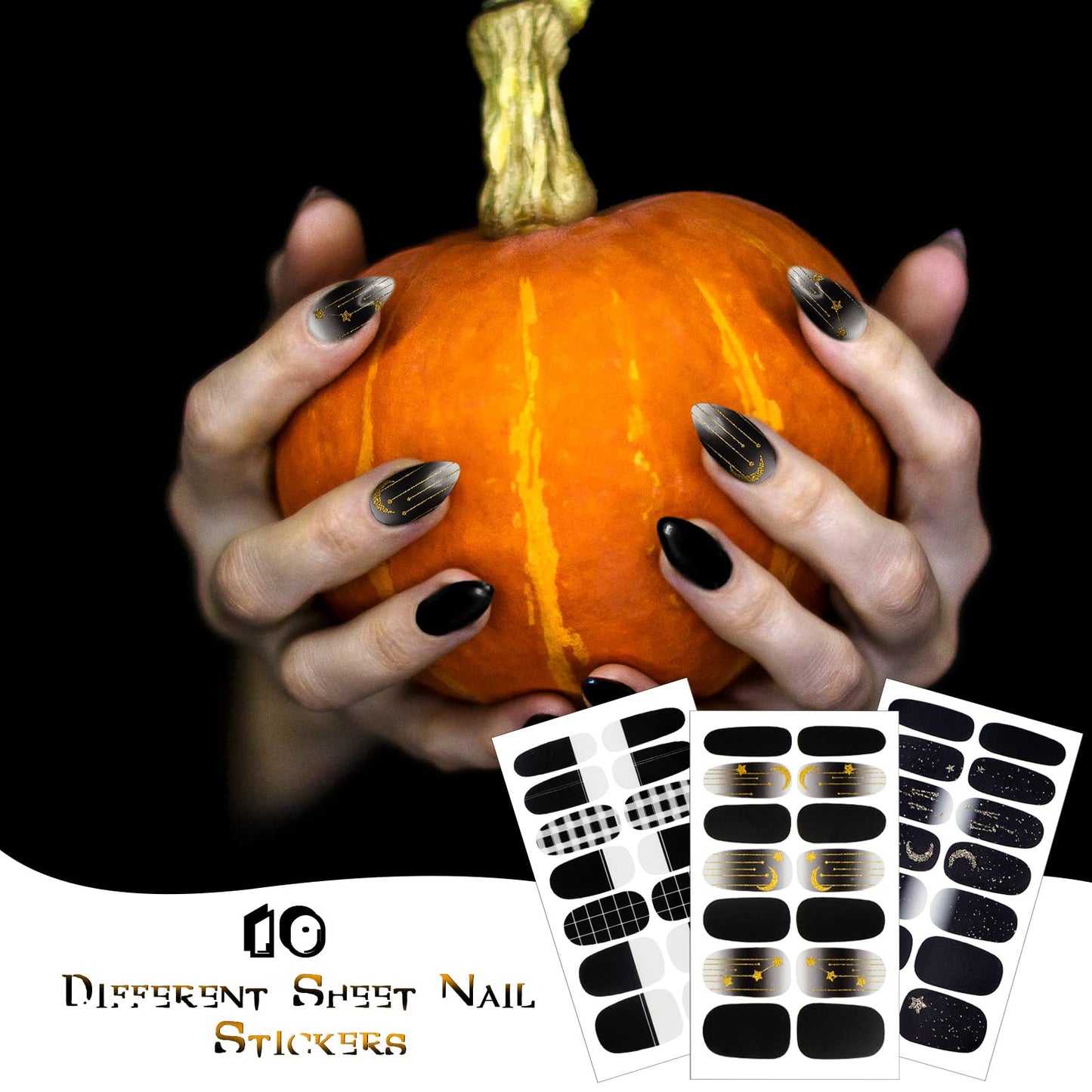 140 Pcs 10 Sheets Black Full Wrap Nail Stickers Polish Strips Gradient Stickers Glitter Self Adhesive DIY Art Decals Strips with 2 Pcs Nail Files for Halloween Decor (Retro Style)