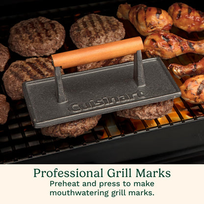 Cuisinart Cast Iron Grill Press with Wooden Handle, Heavy Duty Nonstick Rectangle Burger Press with Wood Handle, Perfect Grill Accessory for Steak, Bacon, Paninis and More