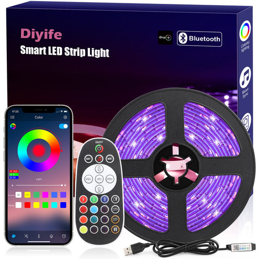 Diyife Led Strip Lights 16.4ft Smart with App Remote Control, 5050 RGB LED Strip, luetooth Connection, Music/Voice Sync Color Changing for TV, Computer, Bedroom, Living Room, Home Decoration, Party