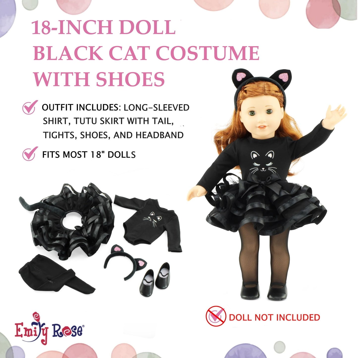 Emily Rose 18 Inch Doll Clothes New Improved 5 PC Black Cat Halloween Costume Tutu Skirt Outfit, Includes Shoes and Headband Accessories | Compatible with 18" American Girl Dolls | USA Company