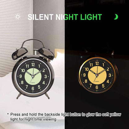 Lesipee Loud Alarm Clock for Heavy Sleeper, Clocks for Bedroom, 4'' Battery Operated Metal Clocks with Night Light, Retro Analog Clock for Student with Luminous dial Non-Ticking, Back to School