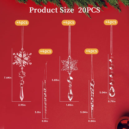 20pcs Christmas Ornaments Set for Tree Decorations- Hanging Acrylic Crystal Snowflake Icicle Drop Decorations for Winter Christmas Tree New Year Party Supplies