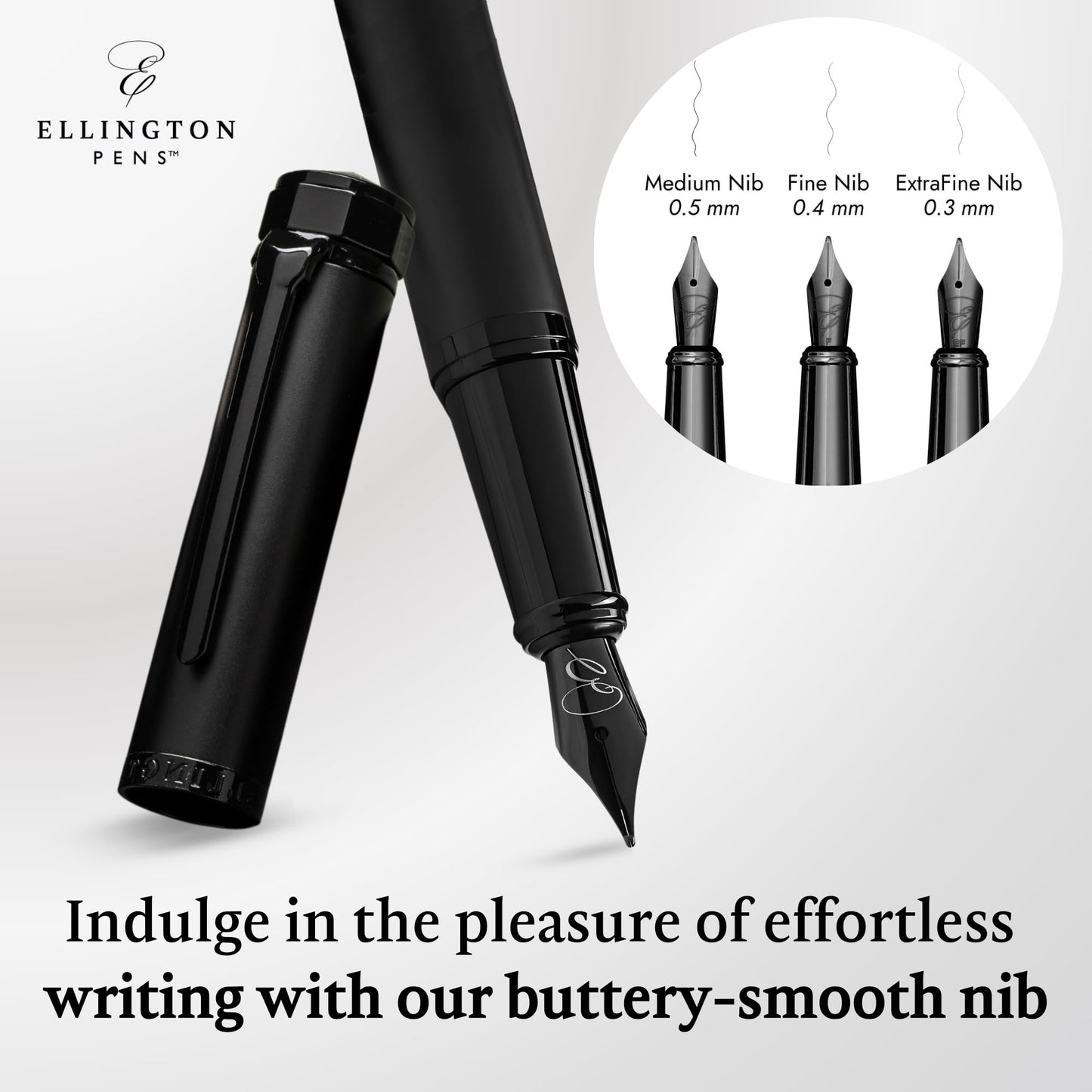 Ellington Pen Luxury Fountain Pen Set - Fountain Pens For Writing - Smooth Medium Nib - Includes Refillable Ink Converter, 3 Ink Cartridges, Gift Box - Calligraphy, Journaling, Sketching (The Stealth)