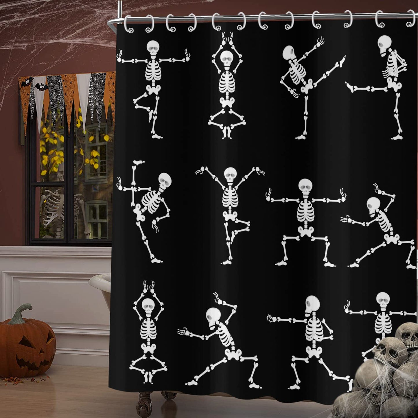GCIREC Halloween Shower Curtain, Cartoon Funny Skull Skeleton Dancing Bathroom Curtain Halloween Party Retro Bath Curtain Waterproof Fabric Machine Washable with 12 Hooks, 72"X72"