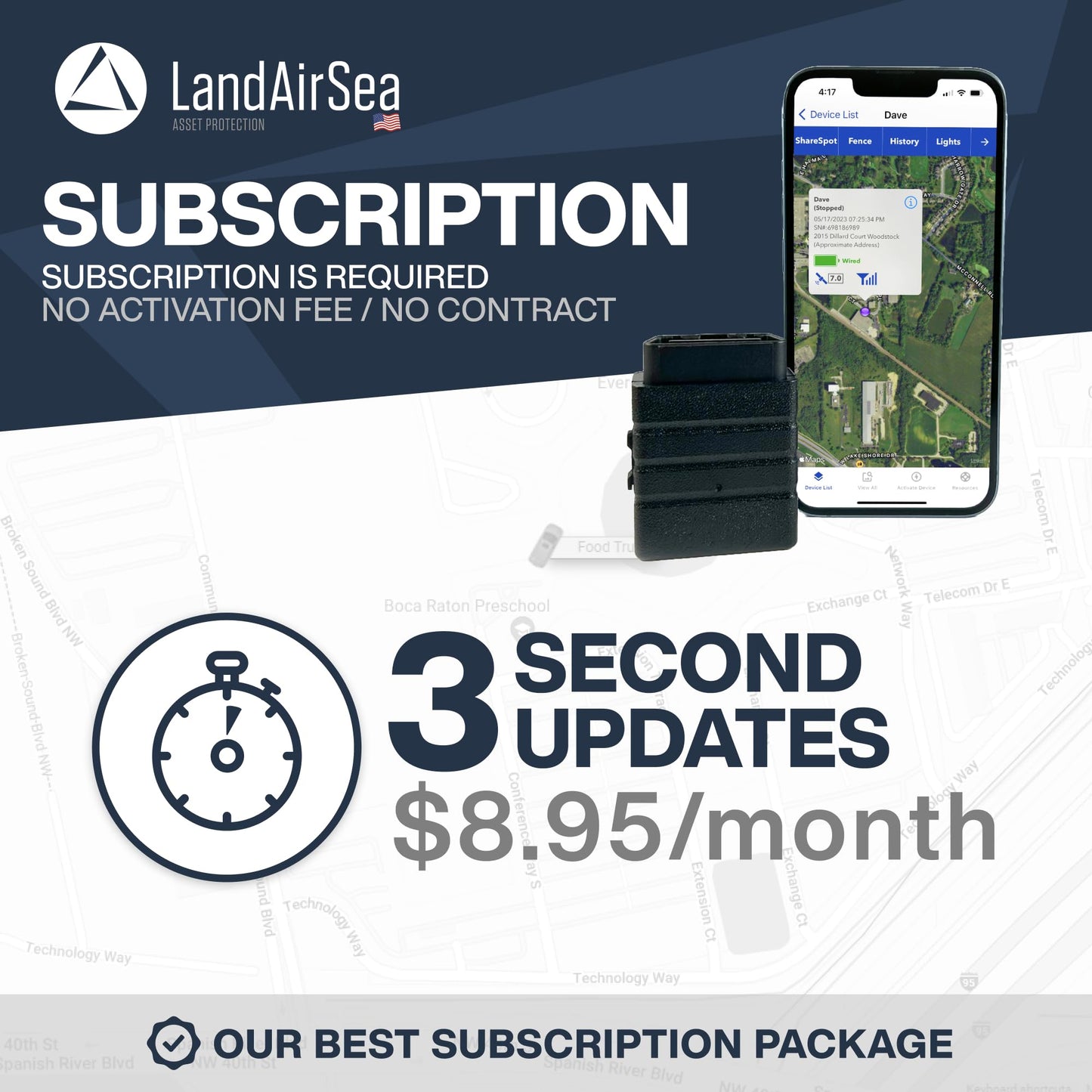 LandAirSea Sync GPS Tracker - 8.95 per month. Full Global Coverage. 4G LTE Real-Time Tracking for Vehicle, Asset, Fleet, and Elderly.