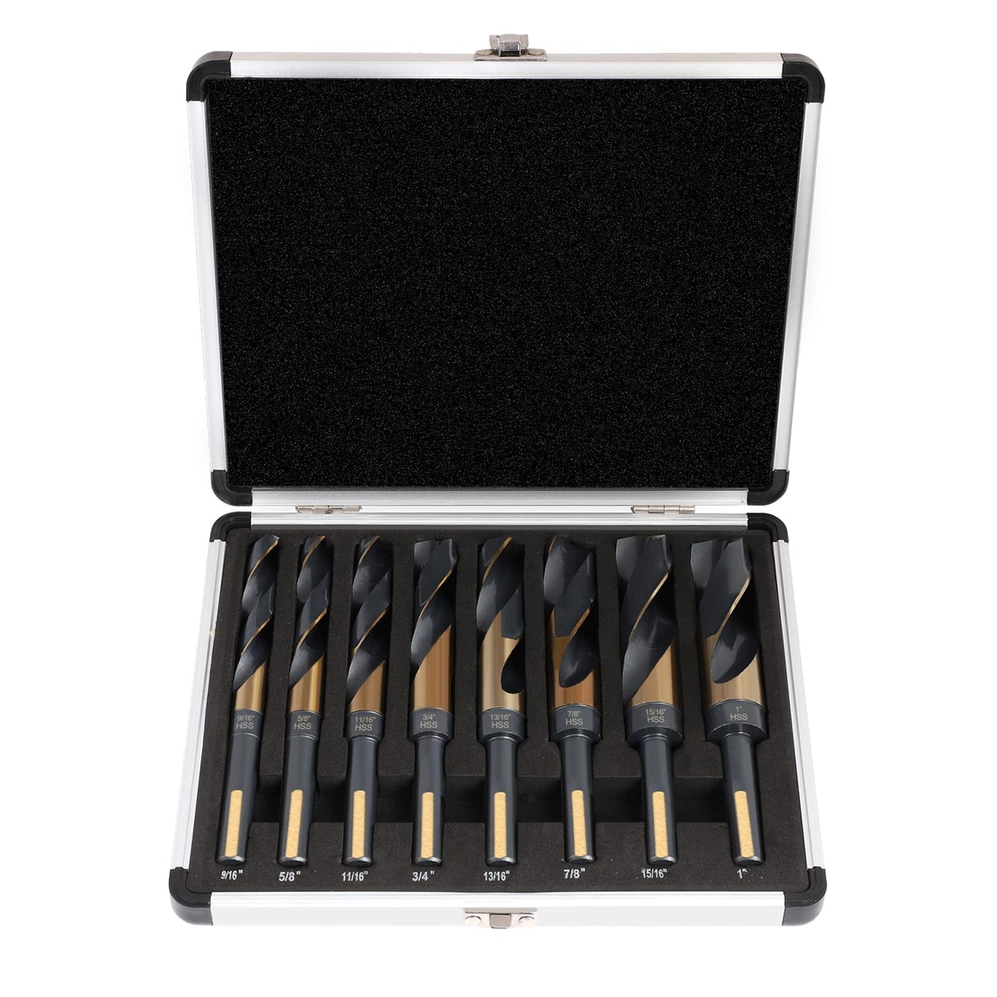COMOWARE Reduced Shank Drill Bit Set, 8 Sizes from 9/16" to 1", HSS M2, Black & Gold Drill Bit with 3-Flat 1/2" Shank, 135° Split Point, Drills Bits for Metal/Plastic/Wood, with Storage case