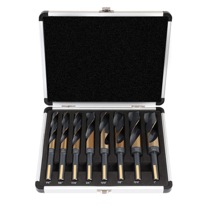 COMOWARE Reduced Shank Drill Bit Set, 8 Sizes from 9/16" to 1", HSS M2, Black & Gold Drill Bit with 3-Flat 1/2" Shank, 135° Split Point, Drills Bits for Metal/Plastic/Wood, with Storage case