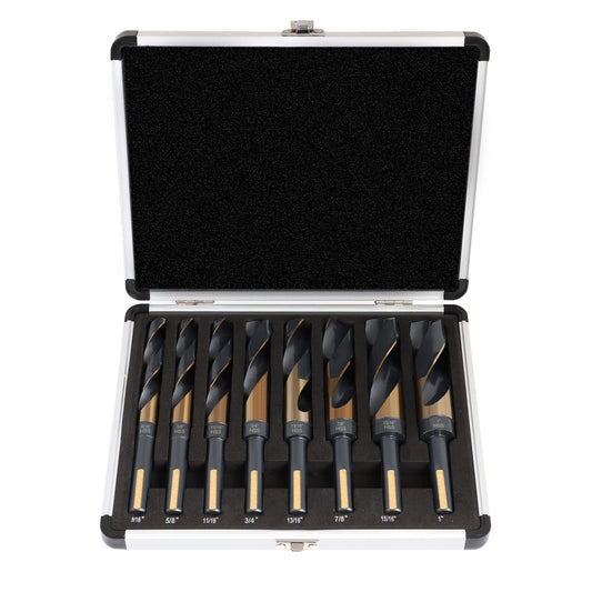 COMOWARE Reduced Shank Drill Bit Set, 8 Sizes from 9/16" to 1", HSS M2, Black & Gold Drill Bit with 3-Flat 1/2" Shank, 135° Split Point, Drills Bits for Metal/Plastic/Wood, with Storage case